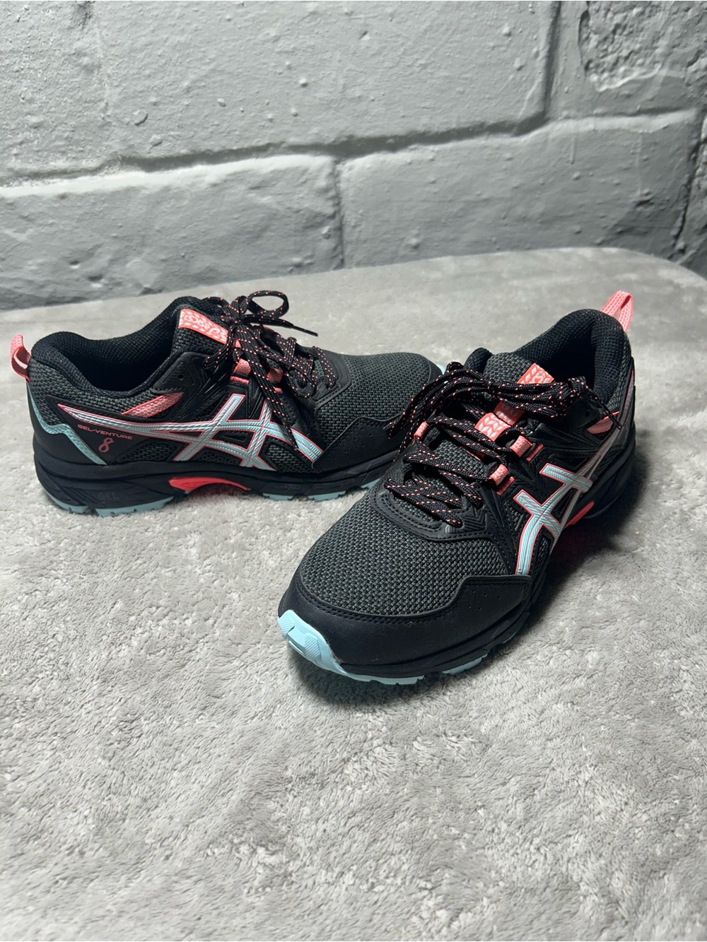 ASICS Women's Black Athletic Sneakers with Coral & Light Blue Accents